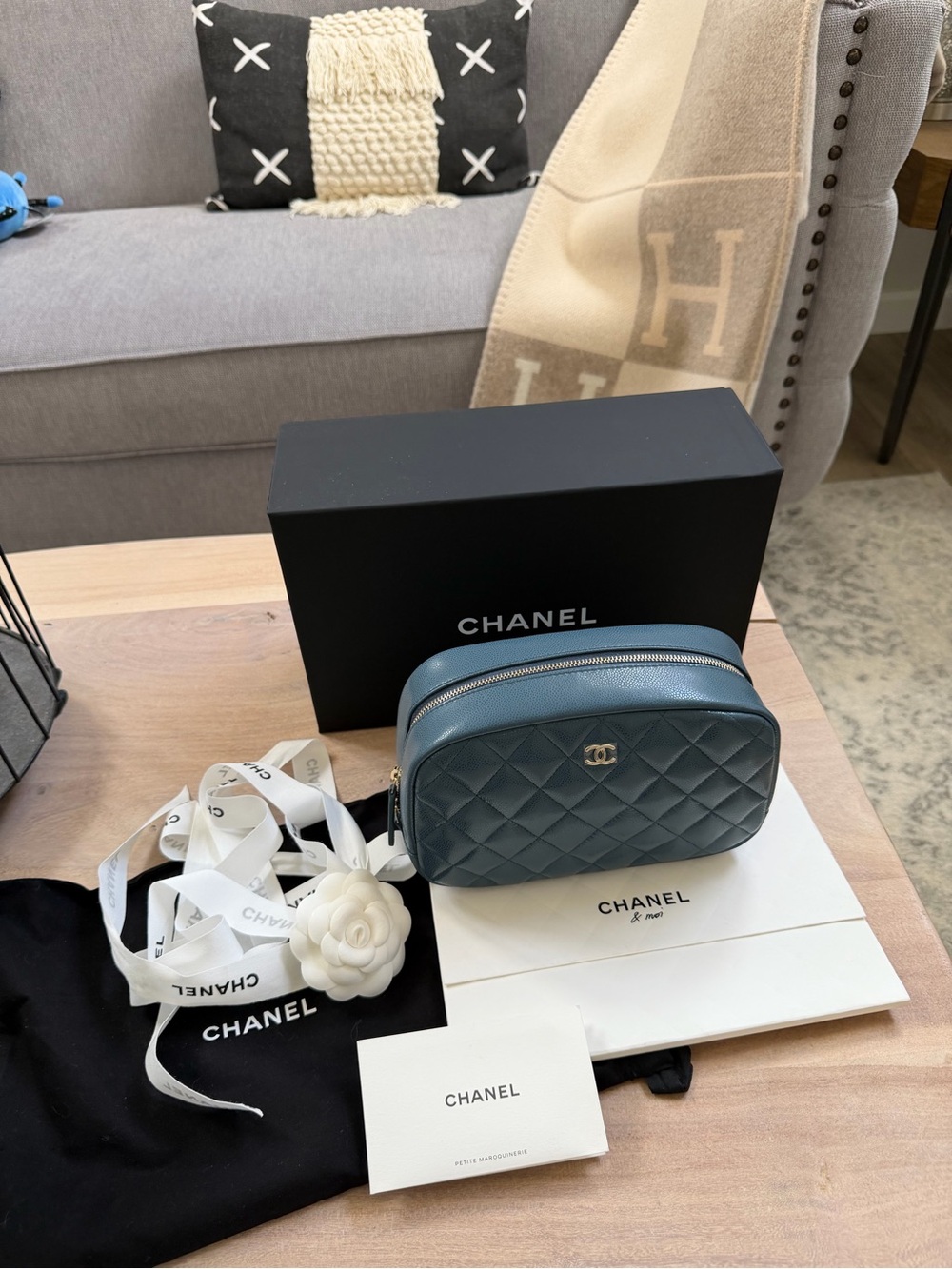 CHANEL Quilted Leather Cosmetic Bag — Teal Blue